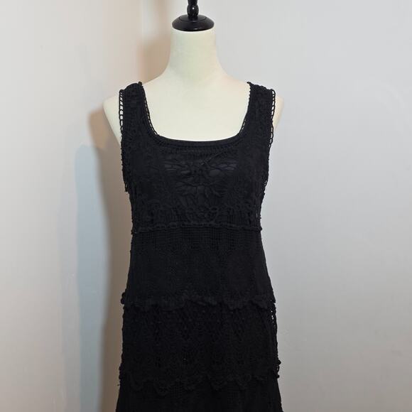 Women's Black Cotton Crochet Dress Sleeveless Lined Size L Handkerchief Boho - Picture 2 of 7